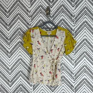 Women Meadow Rue Anthropologie Yellow Red Blue Floral Flow Sleeve Wrap Top Sz 2